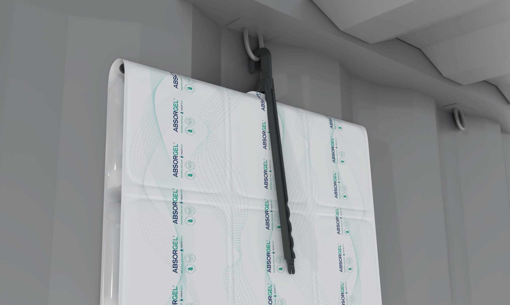 Large AbsorGel Max-C container desiccant hanging from the lashing rings inside a shipping container.